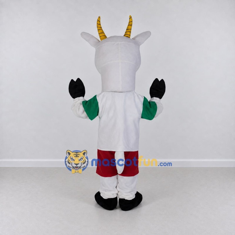Custom White and Green Goat in Sportswear Mascot Costume Adult Full Body Suit for Sports Events Custom White and Green Goat in Sportswear Mascot Costume Adult Full Body Suit for Sports Events