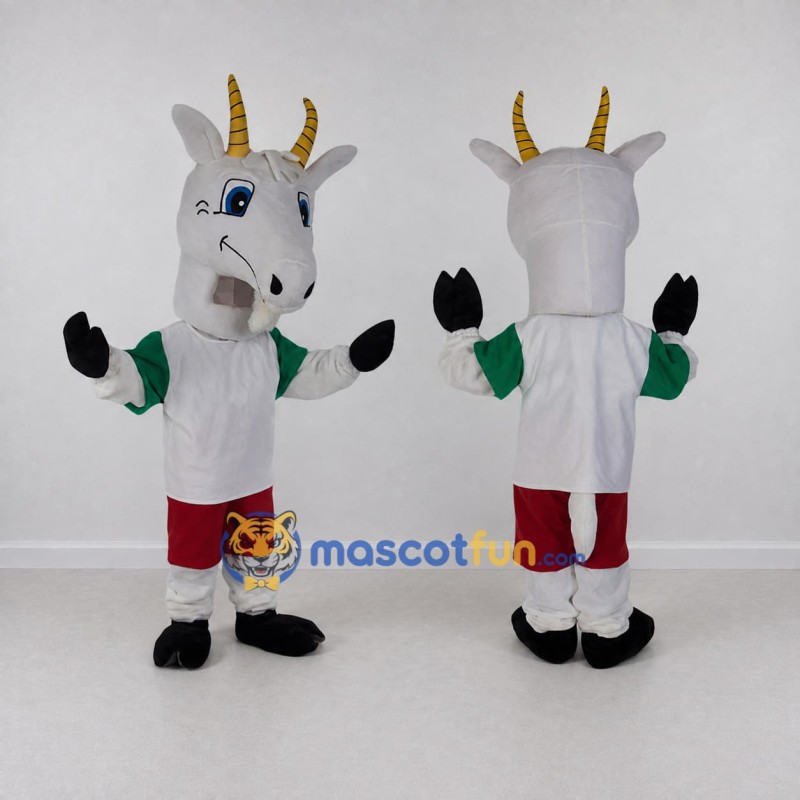 Custom White and Green Goat in Sportswear Mascot Costume Adult Full Body Suit for Sports Events Custom White and Green Goat in Sportswear Mascot Costume Adult Full Body Suit for Sports Events