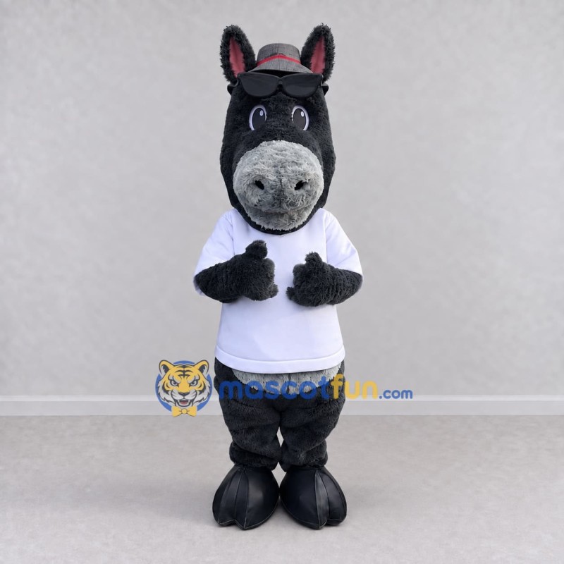 Custom Dark Gray and White Donkey in a T-Shirt and Hat Mascot Costume Adult Full Body Suit for School Events