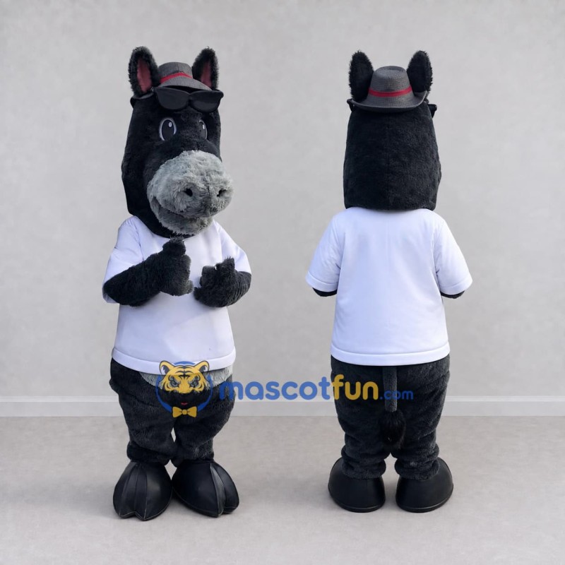 Custom Dark Gray and White Donkey in a T-Shirt and Hat Mascot Costume Adult Full Body Suit for School Events