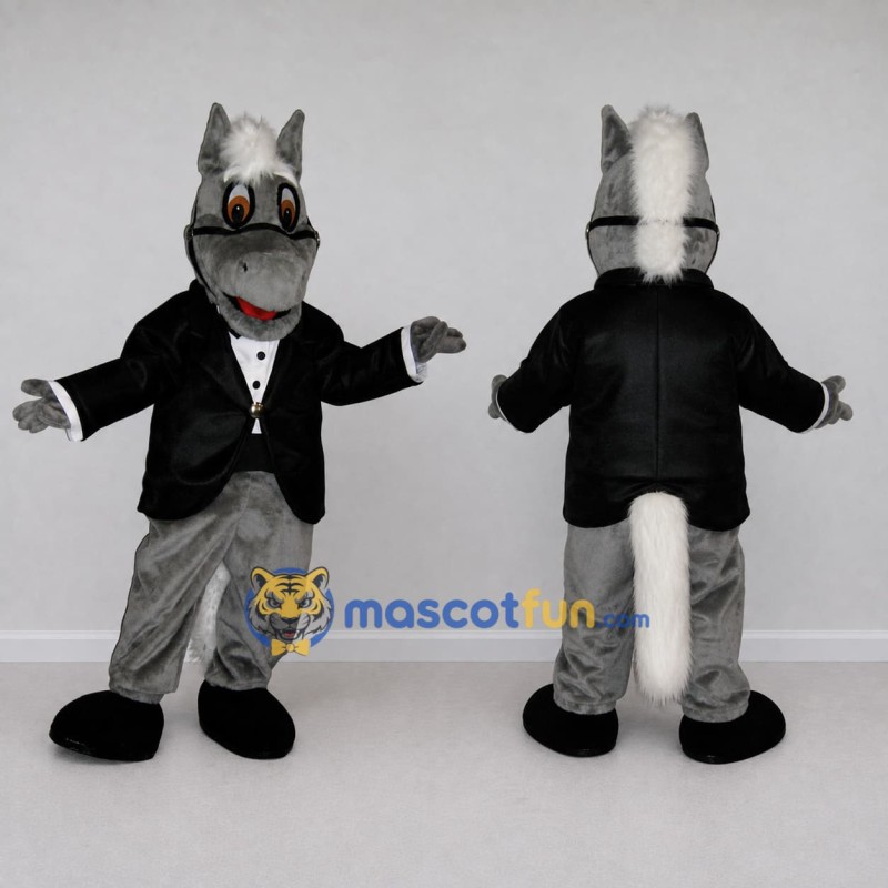 Custom Gray and Black Horse in a Tuxedo Jacket Mascot Costume Adult Full Body Suit for Theme Parties Custom Gray and Black Horse in a Tuxedo Jacket Mascot Costume Adult Full Body Suit for Theme Parties