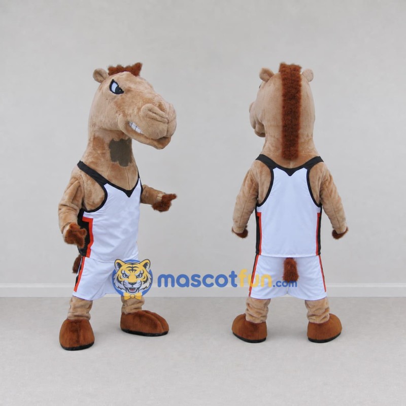 Custom Tan and White Horse in Basketball Sportswear Mascot Costume Adult Full Body Suit for Sports Events