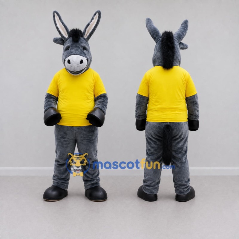Custom Gray and Yellow Donkey in a T-Shirt Mascot Costume Adult Full Body Suit for School Events Custom Gray and Yellow Donkey in a T-Shirt Mascot Costume Adult Full Body Suit for School Events