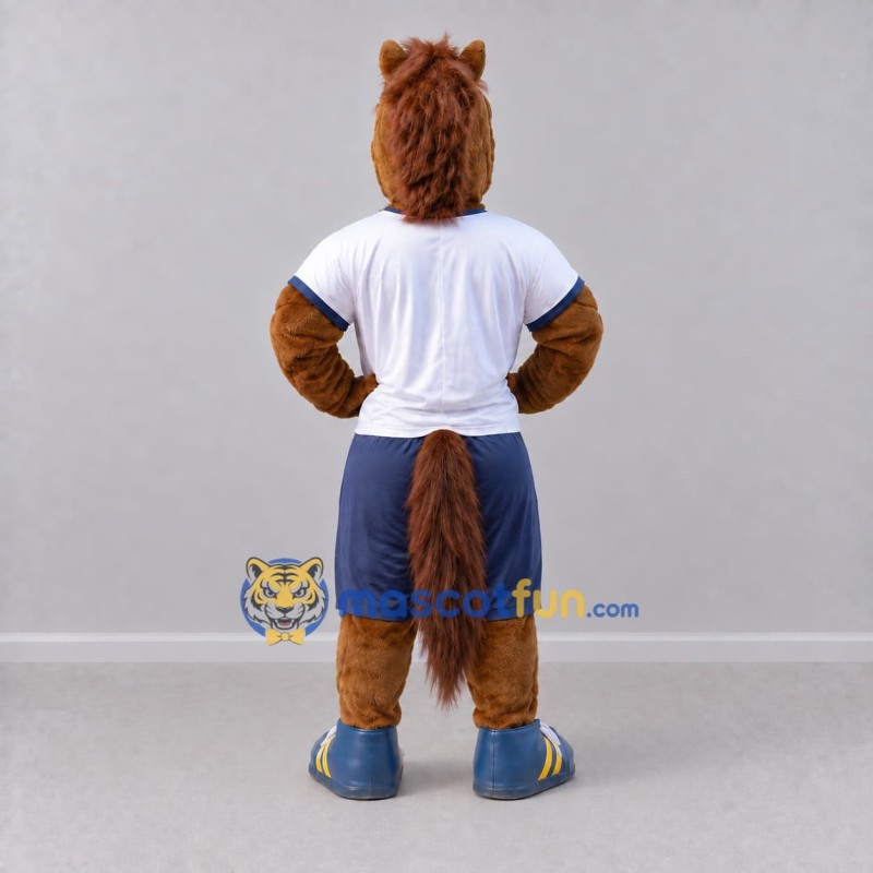 Custom Brown and Blue Horse in Sportswear Mascot Costume Adult Full Body Suit for Sports Events Custom Brown and Blue Horse in Sportswear Mascot Costume Adult Full Body Suit for Sports Events