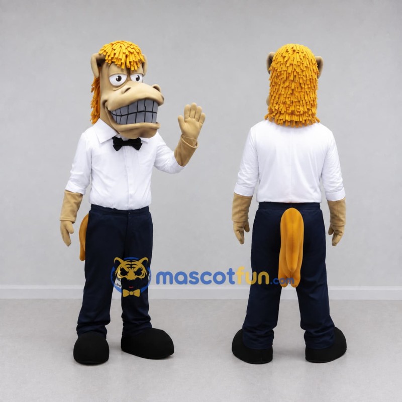 Custom Tan and White Horse in a Shirt and Bow Tie Mascot Costume Adult Full Body Suit for Theme Parties Custom Tan and White Horse in a Shirt and Bow Tie Mascot Costume Adult Full Body Suit for Theme Parties