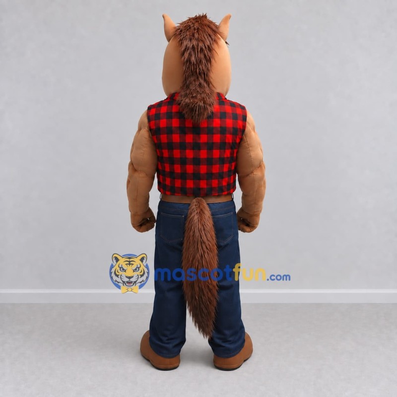 Custom Brown and Red Horse in a Plaid Shirt Mascot Costume Adult Full Body Suit for Outdoor Events Custom Brown and Red Horse in a Plaid Shirt Mascot Costume Adult Full Body Suit for Outdoor Events