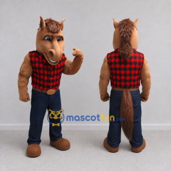 Custom Brown and Red Horse in a Plaid Shirt Mascot Costume Adult Full Body Suit for Outdoor Events