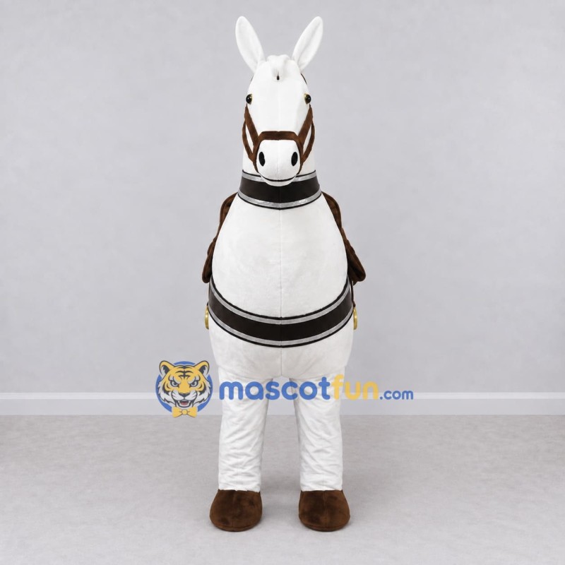 Custom White and Brown Horse with a Harness Mascot Costume Adult Full Body Suit for Farm Events Custom White and Brown Horse with a Harness Mascot Costume Adult Full Body Suit for Farm Events