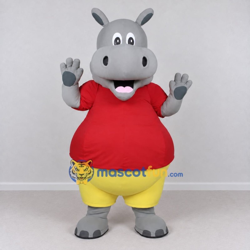 Custom Gray and Red Hippopotamus in a Shirt and Shorts Mascot Costume Adult Full Body Suit for School Events Custom Gray and Red Hippopotamus in a Shirt and Shorts Mascot Costume Adult Full Body Suit for School Events