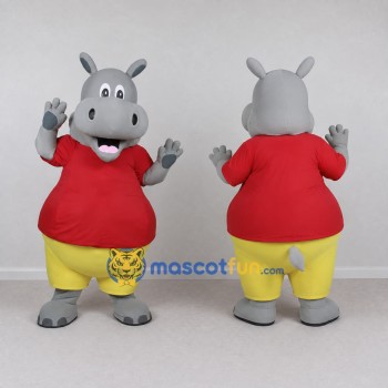 Custom Gray and Red Hippopotamus in a Shirt and Shorts Mascot Costume Adult Full Body Suit for School Events
