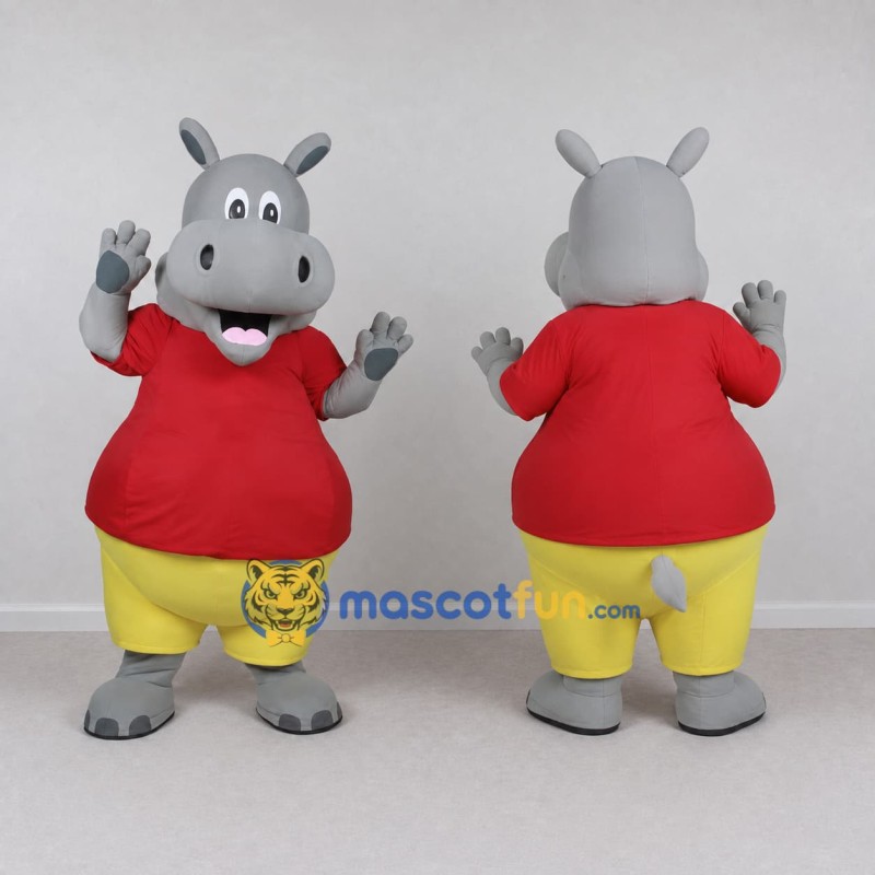 Custom Gray and Red Hippopotamus in a Shirt and Shorts Mascot Costume Adult Full Body Suit for School Events Custom Gray and Red Hippopotamus in a Shirt and Shorts Mascot Costume Adult Full Body Suit for School Events