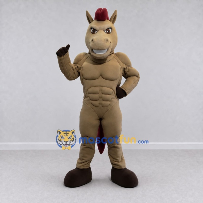 Custom Tan and Burgundy Muscular Horse Mascot Costume Adult Full Body Suit for Sports Events