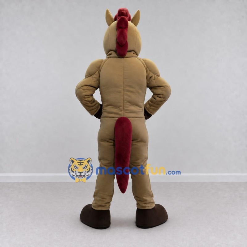 Custom Tan and Burgundy Muscular Horse Mascot Costume Adult Full Body Suit for Sports Events