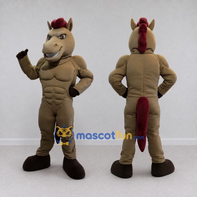Custom Tan and Burgundy Muscular Horse Mascot Costume Adult Full Body Suit for Sports Events