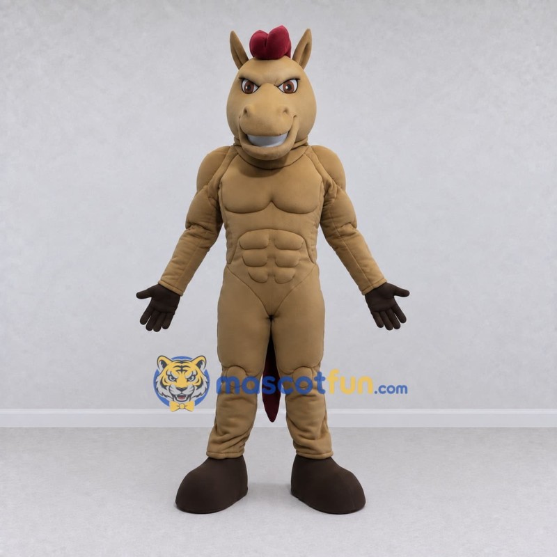 Custom Tan and Burgundy Muscular Horse Mascot Costume Adult Full Body Suit for Sports Events
