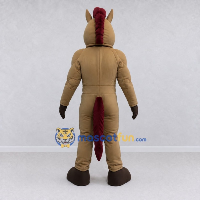Custom Tan and Burgundy Muscular Horse Mascot Costume Adult Full Body Suit for Sports Events