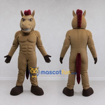 Custom Tan and Burgundy Muscular Horse Mascot Costume Adult Full Body Suit for Sports Events