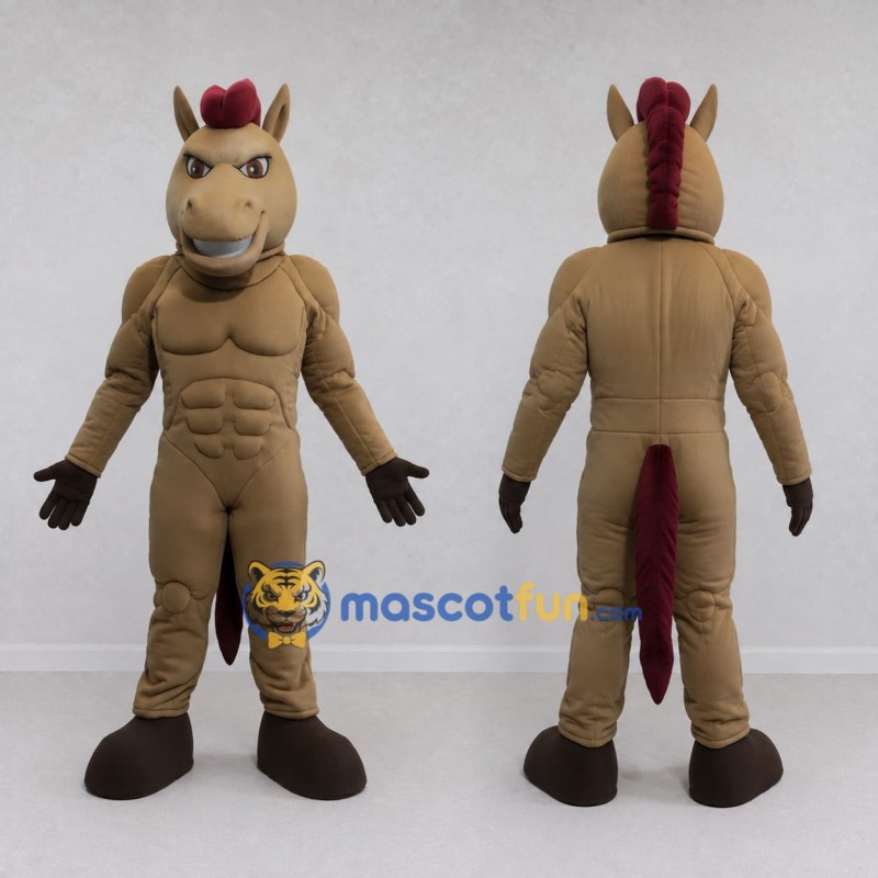 Custom Tan and Burgundy Muscular Horse Mascot Costume Adult Full Body Suit for Sports Events