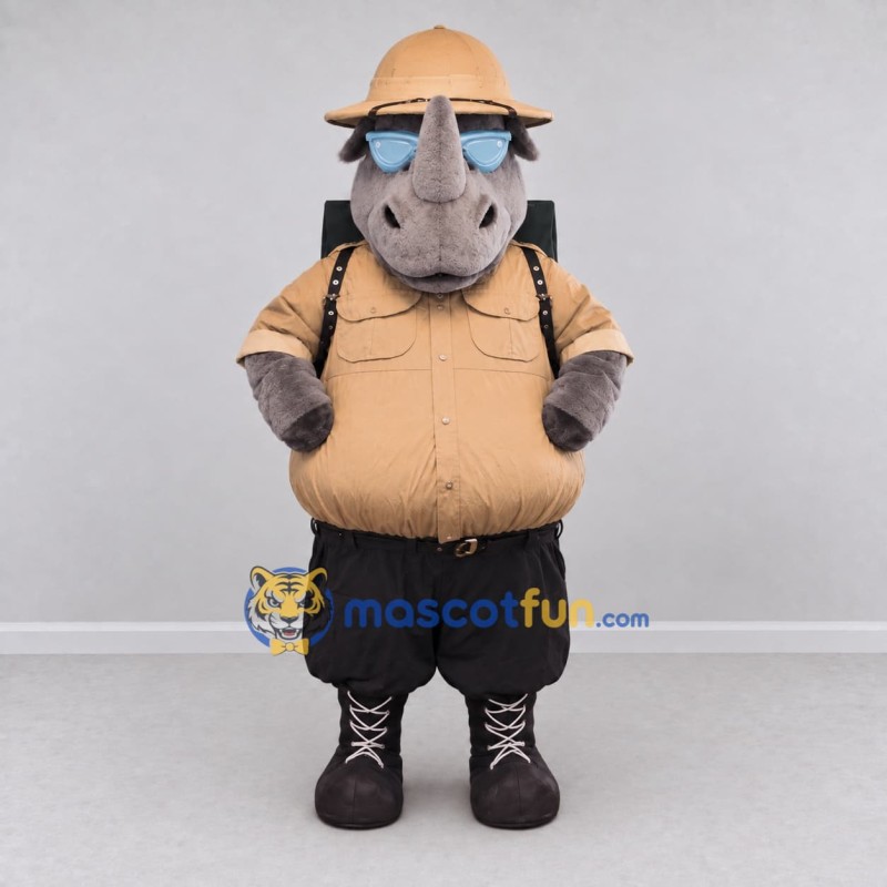 Custom Gray and Tan Rhinoceros Explorer Mascot Costume Adult Full Body Suit for Outdoor Events Custom Gray and Tan Rhinoceros Explorer Mascot Costume Adult Full Body Suit for Outdoor Events