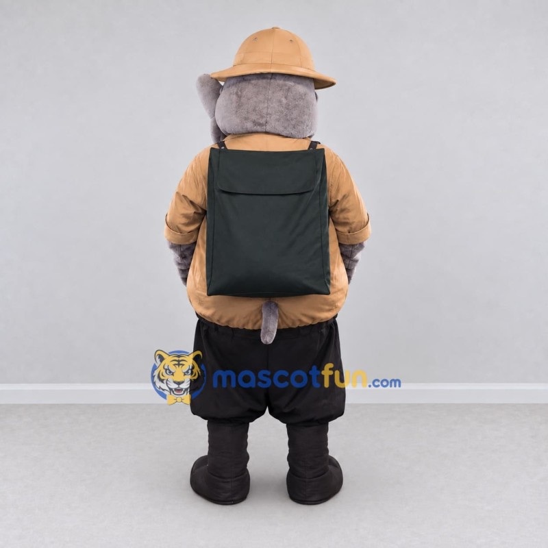 Custom Gray and Tan Rhinoceros Explorer Mascot Costume Adult Full Body Suit for Outdoor Events Custom Gray and Tan Rhinoceros Explorer Mascot Costume Adult Full Body Suit for Outdoor Events