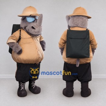 Custom Gray and Tan Rhinoceros Explorer Mascot Costume Adult Full Body Suit for Outdoor Events