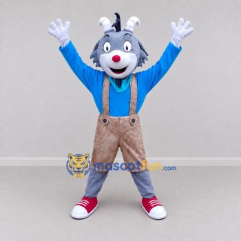 Custom Gray and Blue Goat in a Shirt and Suspenders Mascot Costume Adult Full Body Suit for School Events Custom Gray and Blue Goat in a Shirt and Suspenders Mascot Costume Adult Full Body Suit for School Events