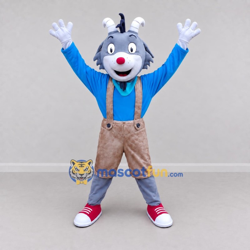 Custom Gray and Blue Goat in a Shirt and Suspenders Mascot Costume Adult Full Body Suit for School Events Custom Gray and Blue Goat in a Shirt and Suspenders Mascot Costume Adult Full Body Suit for School Events