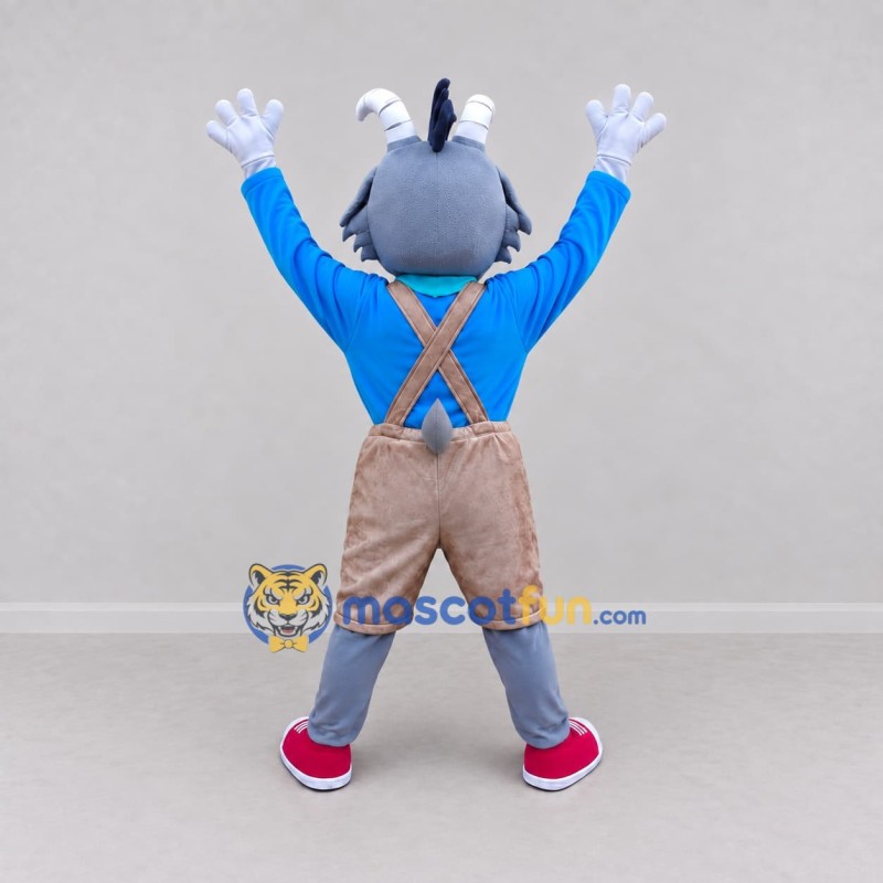 Custom Gray and Blue Goat in a Shirt and Suspenders Mascot Costume Adult Full Body Suit for School Events Custom Gray and Blue Goat in a Shirt and Suspenders Mascot Costume Adult Full Body Suit for School Events