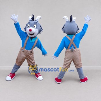 Custom Gray and Blue Goat in a Shirt and Suspenders Mascot Costume Adult Full Body Suit for School Events