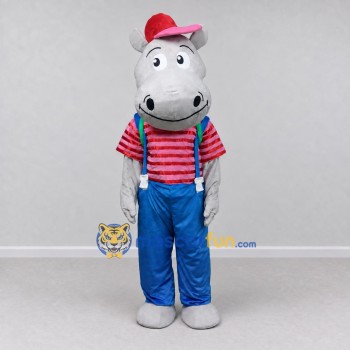 Custom Gray and Blue Hippopotamus in Suspenders and a Cap Mascot Costume Adult Full Body Suit for School Events Custom Gray and Blue Hippopotamus in Suspenders and a Cap Mascot Costume Adult Full Body Suit for School Events