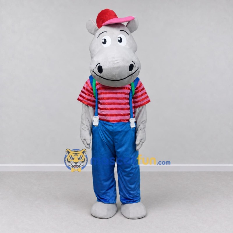 Custom Gray and Blue Hippopotamus in Suspenders and a Cap Mascot Costume Adult Full Body Suit for School Events Custom Gray and Blue Hippopotamus in Suspenders and a Cap Mascot Costume Adult Full Body Suit for School Events