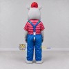 Custom Gray and Blue Hippopotamus in Suspenders and a Cap Mascot Costume Adult Full Body Suit for School Events Custom Gray and Blue Hippopotamus in Suspenders and a Cap Mascot Costume Adult Full Body Suit for School Events