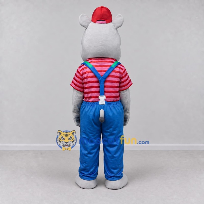 Custom Gray and Blue Hippopotamus in Suspenders and a Cap Mascot Costume Adult Full Body Suit for School Events Custom Gray and Blue Hippopotamus in Suspenders and a Cap Mascot Costume Adult Full Body Suit for School Events
