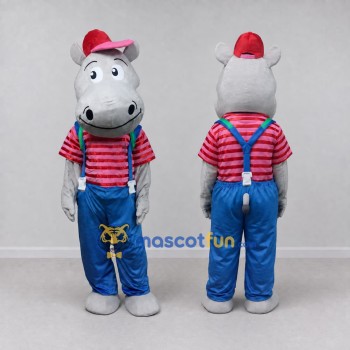 Custom Gray and Blue Hippopotamus in Suspenders and a Cap Mascot Costume Adult Full Body Suit for School Events