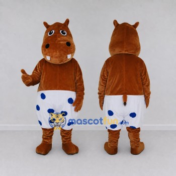 Custom Brown and White Hippopotamus in Polka Dot Shorts Mascot Costume Adult Full Body Suit for School Events