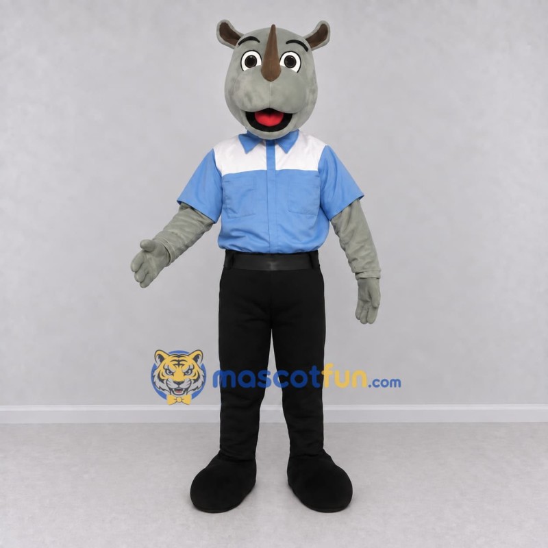 Custom Gray and Blue Rhinoceros in a Shirt and Pants Mascot Costume Adult Full Body Suit for School Events Custom Gray and Blue Rhinoceros in a Shirt and Pants Mascot Costume Adult Full Body Suit for School Events