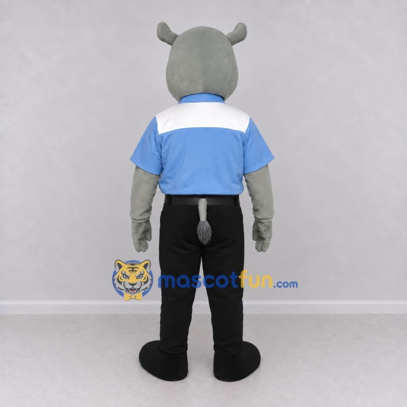 Custom Gray and Blue Rhinoceros in a Shirt and Pants Mascot Costume Adult Full Body Suit for School Events Custom Gray and Blue Rhinoceros in a Shirt and Pants Mascot Costume Adult Full Body Suit for School Events