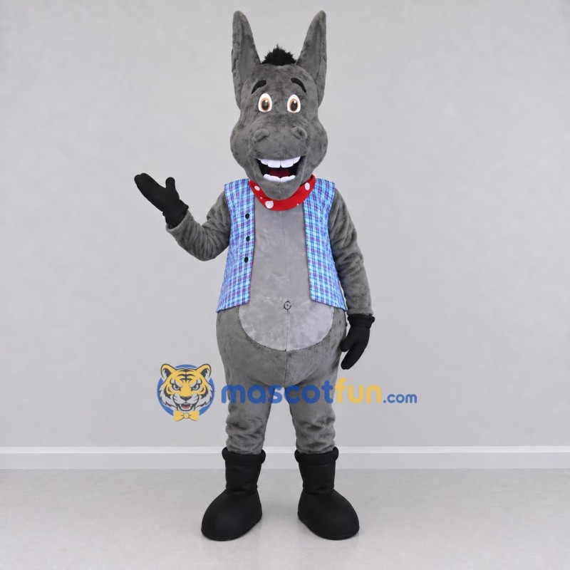 Custom Gray and Blue Donkey in a Checkered Vest Mascot Costume Adult Full Body Suit for School Events Custom Gray and Blue Donkey in a Checkered Vest Mascot Costume Adult Full Body Suit for School Events
