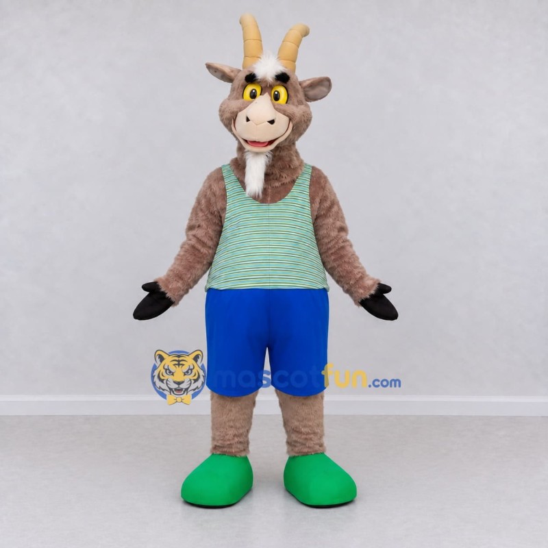 Custom Brown and Green Goat in Sportswear Mascot Costume Adult Full Body Suit for Sports Events Custom Brown and Green Goat in Sportswear Mascot Costume Adult Full Body Suit for Sports Events