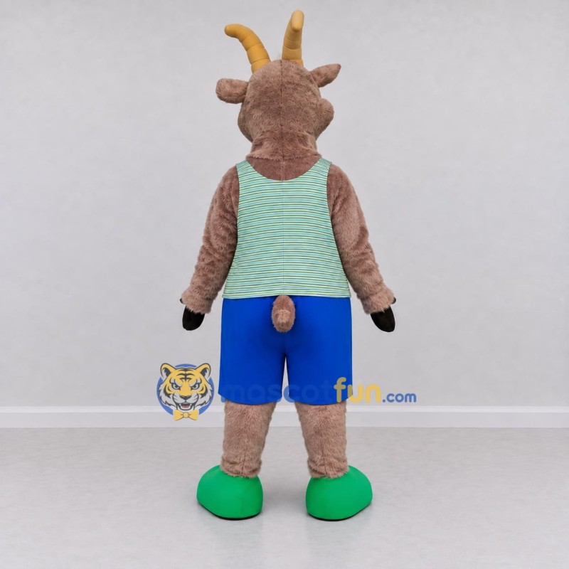 Custom Brown and Green Goat in Sportswear Mascot Costume Adult Full Body Suit for Sports Events Custom Brown and Green Goat in Sportswear Mascot Costume Adult Full Body Suit for Sports Events