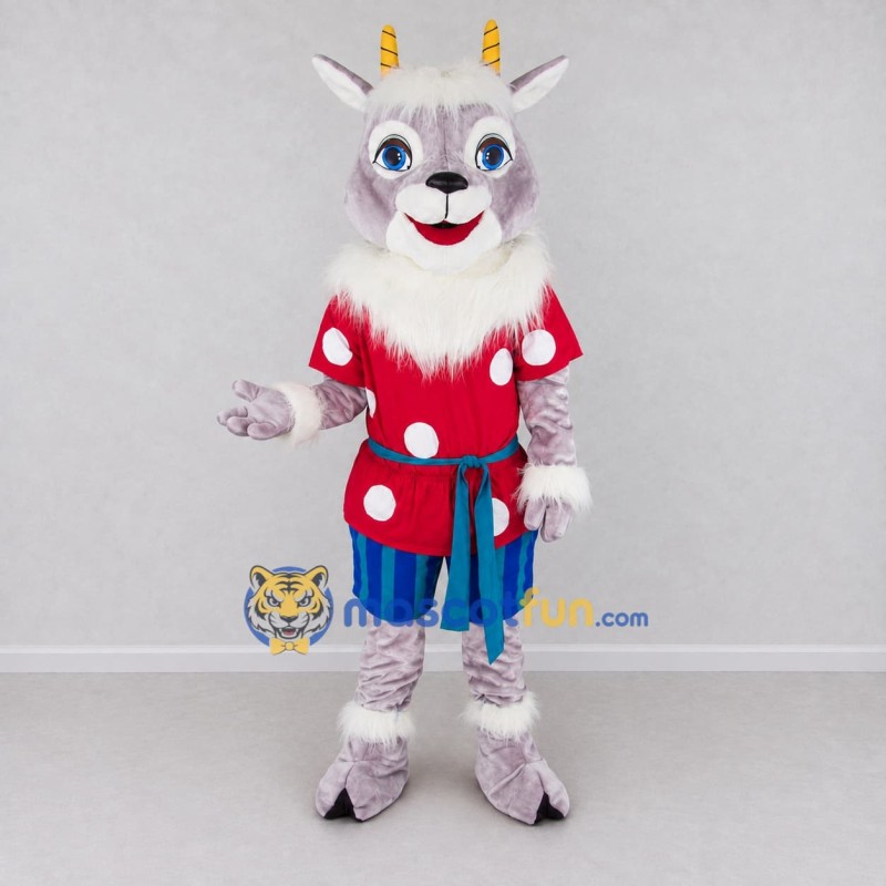 Custom Gray and Red Goat in a Polka Dot Shirt Mascot Costume Adult Full Body Suit for School Events Custom Gray and Red Goat in a Polka Dot Shirt Mascot Costume Adult Full Body Suit for School Events