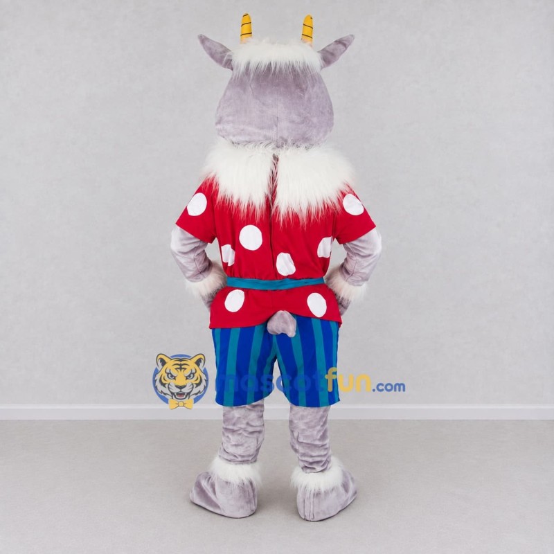 Custom Gray and Red Goat in a Polka Dot Shirt Mascot Costume Adult Full Body Suit for School Events Custom Gray and Red Goat in a Polka Dot Shirt Mascot Costume Adult Full Body Suit for School Events