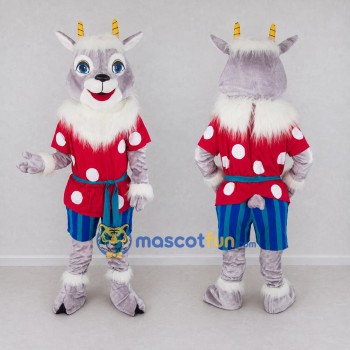 Custom Gray and Red Goat in a Polka Dot Shirt Mascot Costume Adult Full Body Suit for School Events