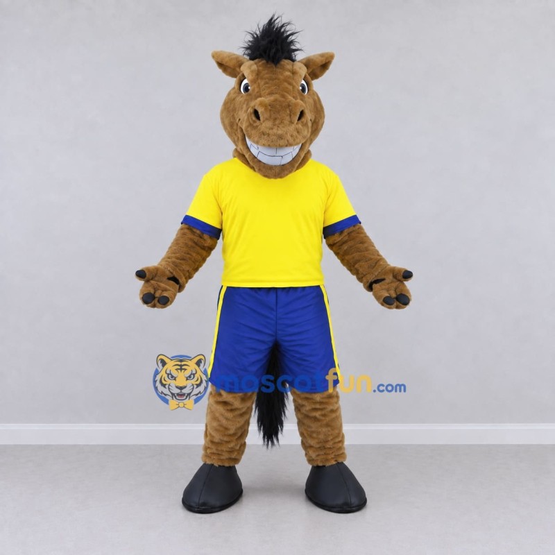 Custom Brown and Yellow Horse in Sportswear Mascot Costume Adult Full Body Suit for Sports Events Custom Brown and Yellow Horse in Sportswear Mascot Costume Adult Full Body Suit for Sports Events