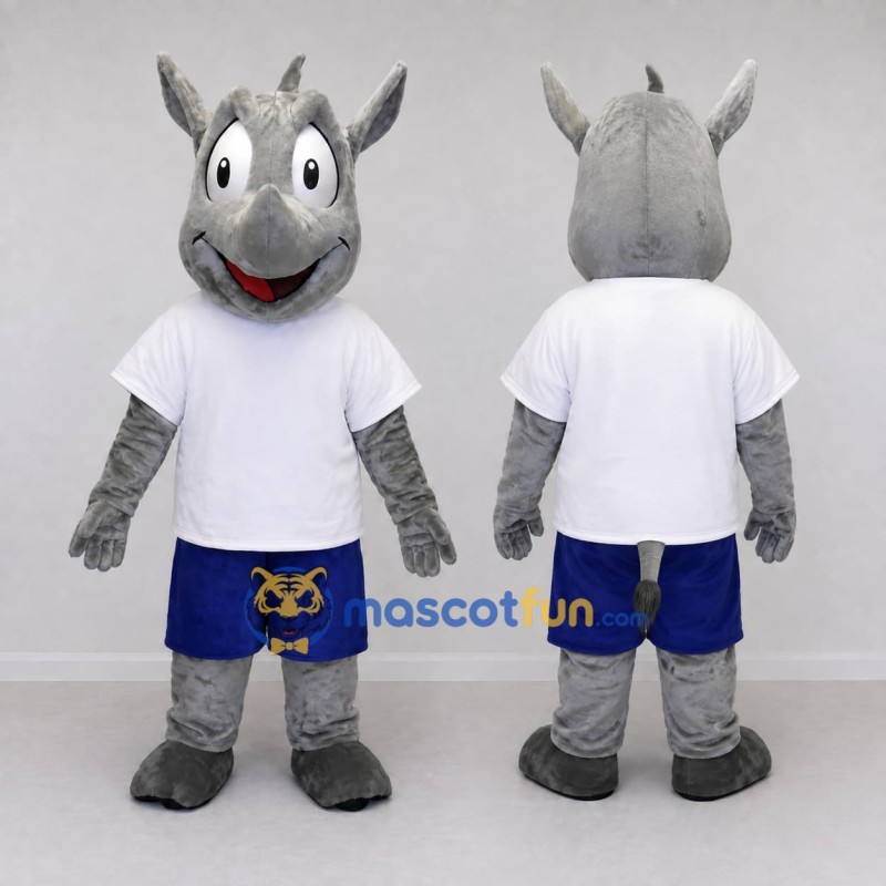 Custom Gray and Blue Rhinoceros in Sportswear Mascot Costume Adult Full Body Suit for Sports Events Custom Gray and Blue Rhinoceros in Sportswear Mascot Costume Adult Full Body Suit for Sports Events