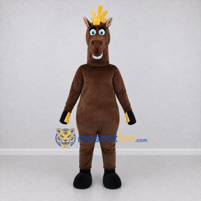 Custom Brown and Yellow Horse with a Spiky Mane Mascot Costume Adult Full Body Suit for Theme Parties