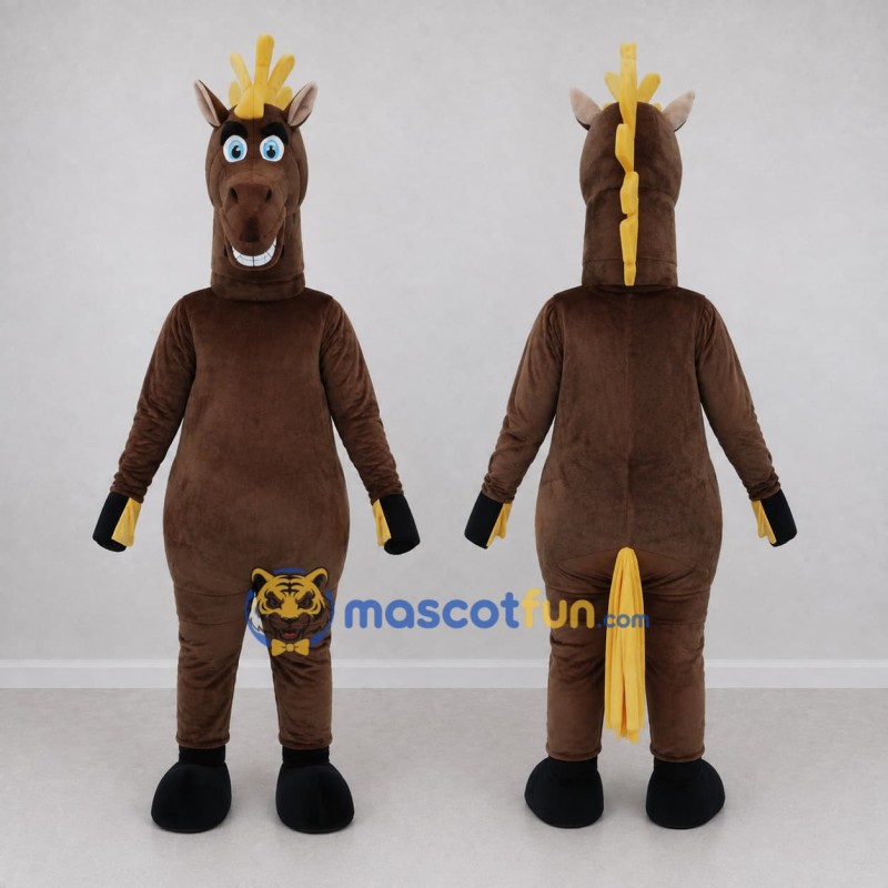 Custom Brown and Yellow Horse with a Spiky Mane Mascot Costume Adult Full Body Suit for Theme Parties