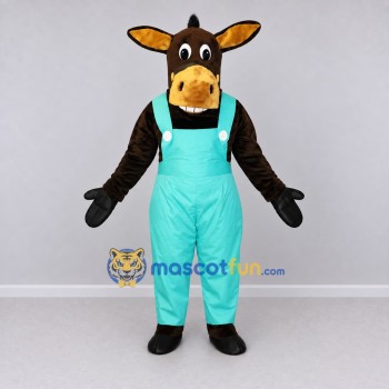 Custom Brown and Turquoise Donkey in Overalls Mascot Costume Adult Full Body Suit for Farm Events