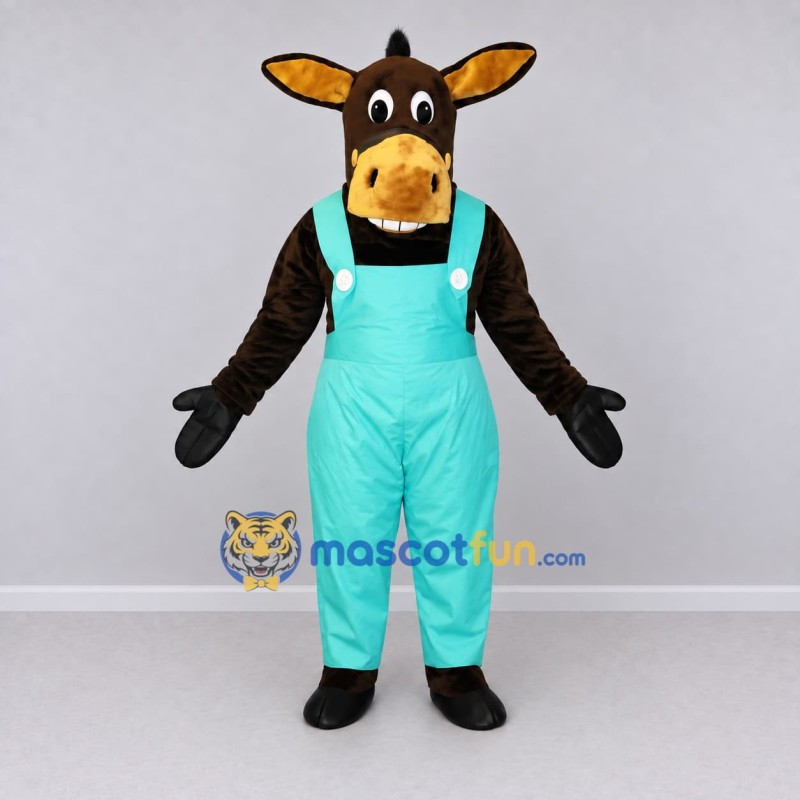 Custom Brown and Turquoise Donkey in Overalls Mascot Costume Adult Full Body Suit for Farm Events Custom Brown and Turquoise Donkey in Overalls Mascot Costume Adult Full Body Suit for Farm Events