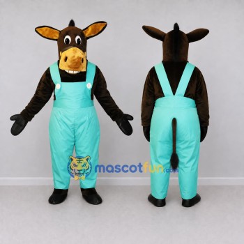 Custom Brown and Turquoise Donkey in Overalls Mascot Costume Adult Full Body Suit for Farm Events